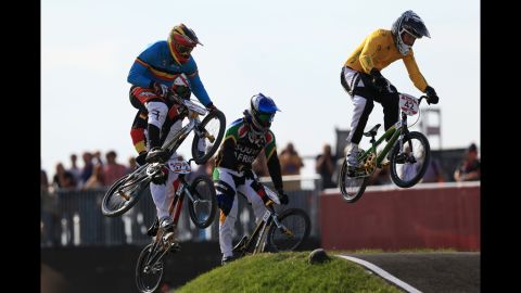 Brian Kirkham of Australia leads the field during the men's BMX cycling quarterfinals.