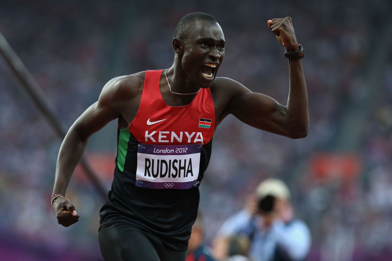 David Lekuta Rudisha of Kenya celebrates after winning gold and setting a new world record in the men's 800m final on Day 13 of the Games.