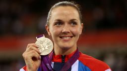 Silver medallist Victoria Pendleton of Great Britain celebrates during the medal ceremony for the Women's Sprint Track Cycling Final on Day 11 of the London 2012 Olympic Games at Velodrome on August 7, 2012 in London, England.