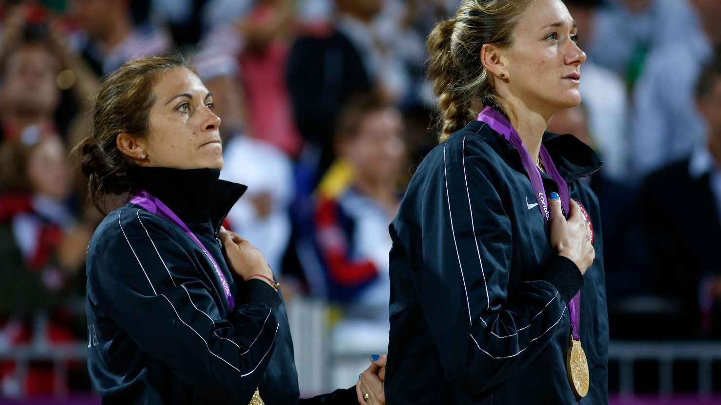 Gold medallists Misty May-Treanor, left, and Kerri Walsh Jennings celebrate winning the Gold medal at the London 2012 Olympic Games on August 8, 2012. 