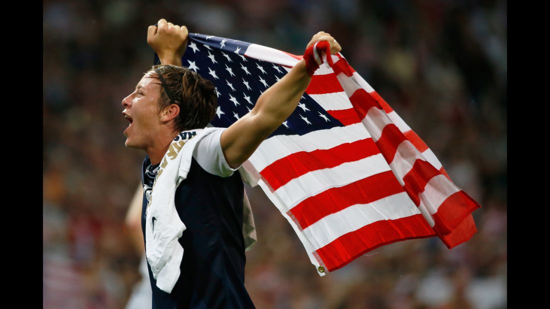 Forward Abby Wambach is ecstatic after the United States defeated Japan 2-1 in the women's soccer gold medal match on Thursday, August 9, Day 13 of the London Olympics. Wambach missed the 2008 Games due to a broken leg.