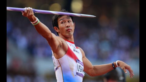 Keisuke Ushiro of Japan competes during the javelin throw in the men's decathlon.