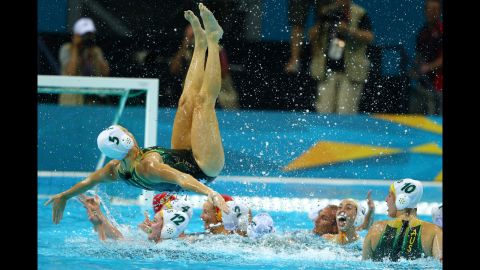 No. 5 Jane Moran of Australia celebrates winning the women's water polo bronze medal match with Hungary.