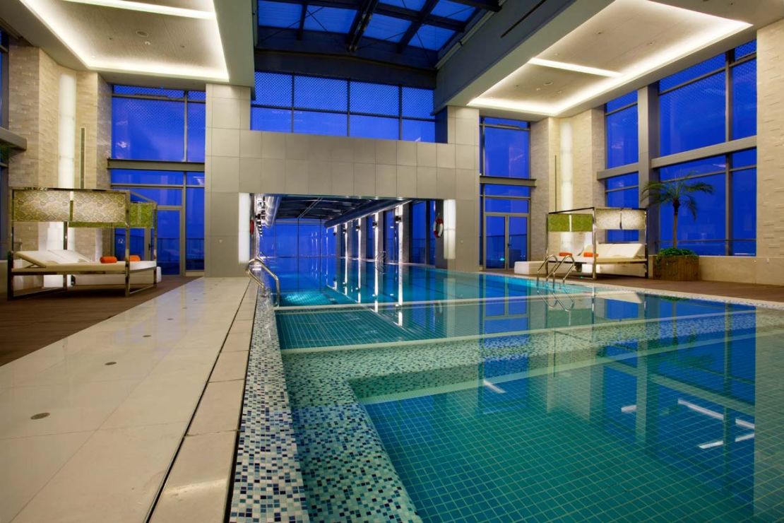 Most of the pool at Holiday Inn Shanghai Pudong Kangqiao is indoors, without the overhang.
