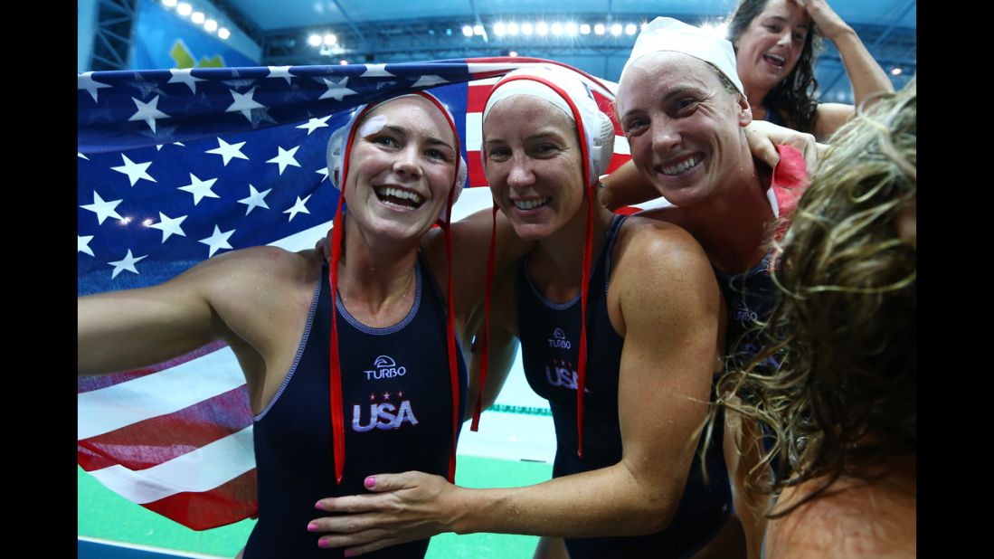 United States players celebrate winning the women's water polo gold medal match against Spain on Thursday, August 9, Day 13 of the London Olympics.