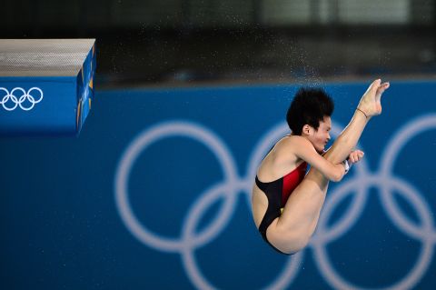 China's Chen Ruolin competes in the women's 10-meter platform semifinals during the diving event.