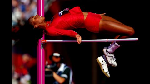 Brigetta Barrett of the United States competes during the women's high jump qualification at Olympic Stadium.