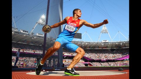 Ilya Shkurenev of Russia makes a throw during the men's decathlon discus throw.