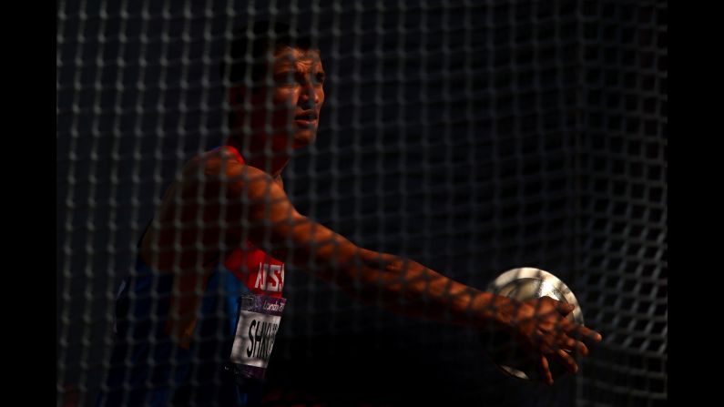 Ilya Shkurenev of Russia prepares to throw in the men's decathlon discus throw.