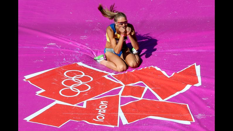 Ebba Jungmark of Sweden reacts during the women's high jump qualification.