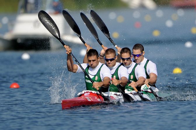 Hungary's Zoltan Kammerer, Tamas Kulifai, David Toth and Daniel Pauman compete during the men's kayak four 1,000-meter canoe sprint at Eton Dorney in Windsor, England. The Hungarian crew went on to win the silver.
