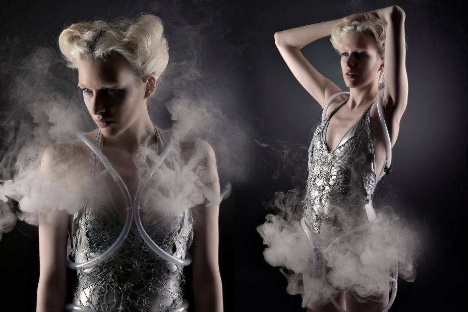 This dress incorporates a battery-operated fog generator that emits smoke when another person comes too close to the wearer, according to its creators, Anouk Wipprecht and Aduen Darriba.