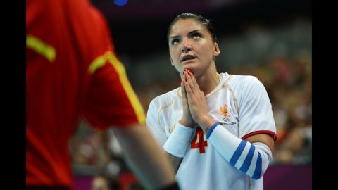 Montenegro's right wing Jovanka Radicevic reacts during the women's semifinal handball match between Spain and Montenegro.