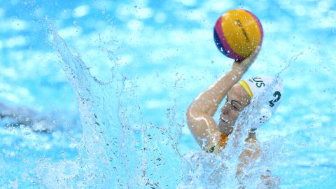 Gemma Beadsworth, No. 2 of Australia, scores the first goal in extra time during the women's water polo bronze medal match between Australia and Hungary.