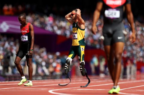 Oscar Pistorius reacts after his South African team failed to finish the relay when a teammate crashed into another runner. After an appeal, the South African team will be allowed to race in the final.