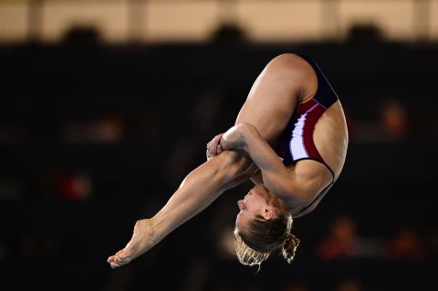 Brittany Viola of the United States performs a dive during the women's 10-meter platform semifinals diving event.
