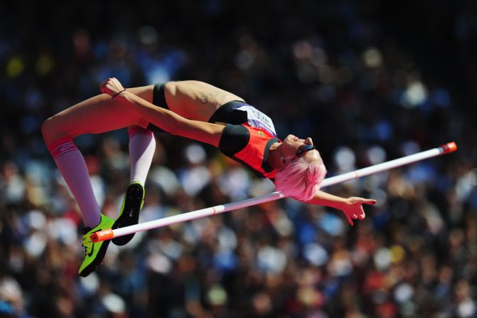 Ariane Friedrich of Germany attempts a jump during the women's high jump qualification at Olympic Stadium.