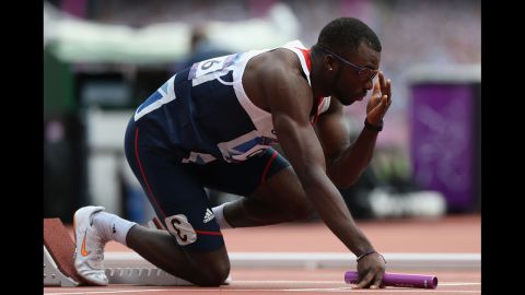 Nigel Levine of Great Britain prepares for the start of the men's 4 x 400-meter relay round 1 heat.