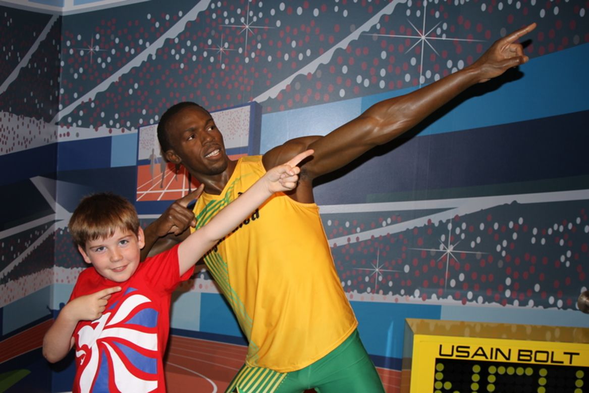 Matthew Turner's son, Miles, is a huge Usain Bolt fan. So when the Crewe, UK family visited London for Miles' first trip, they visited Madame Tussaud's, and Miles immediately ran to pose with his idol. "He loves doing the pose when he's done something good, I think he sees it as a symbol of triumph and achievement," said Matthew.<br />