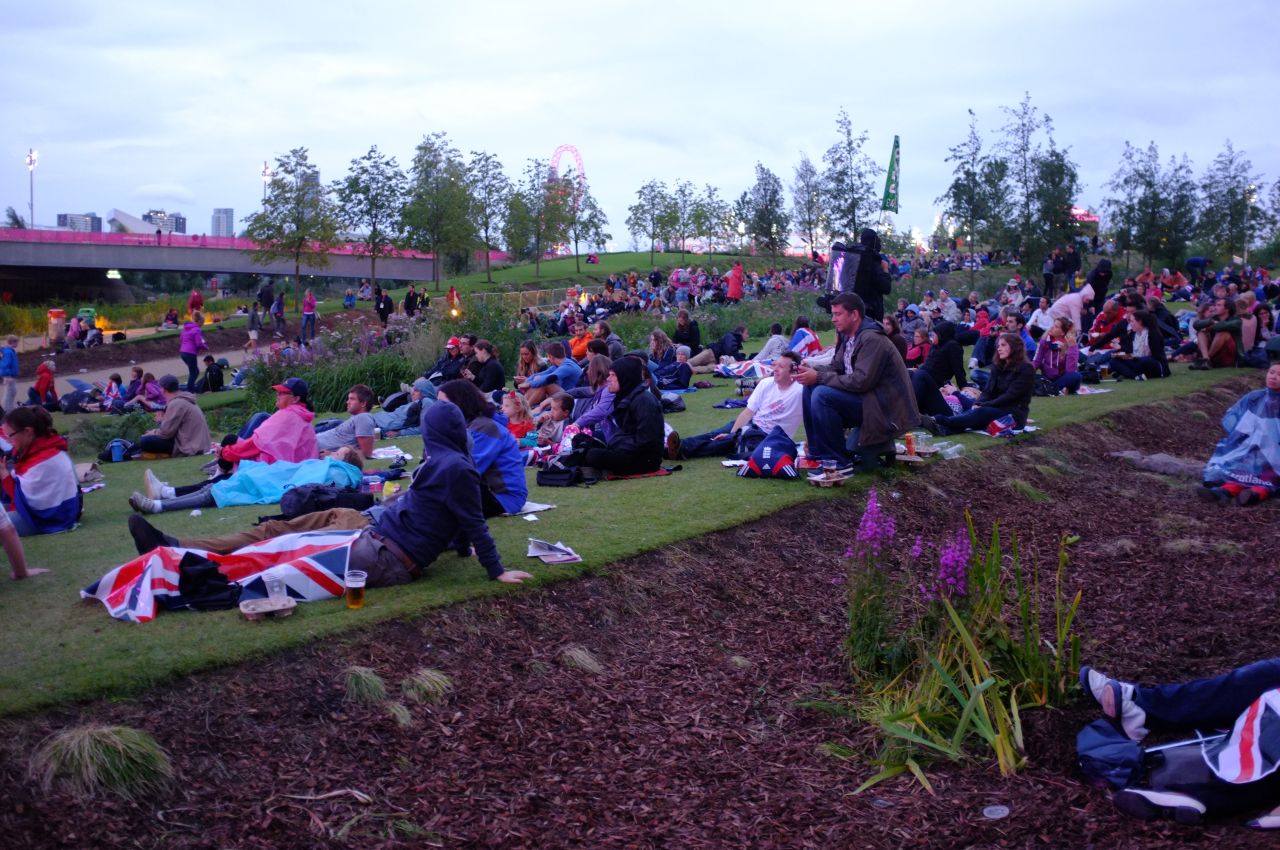 ... watched by many hardy Olympics fans who'd purchased park tickets or stayed on after watching the day's events. 