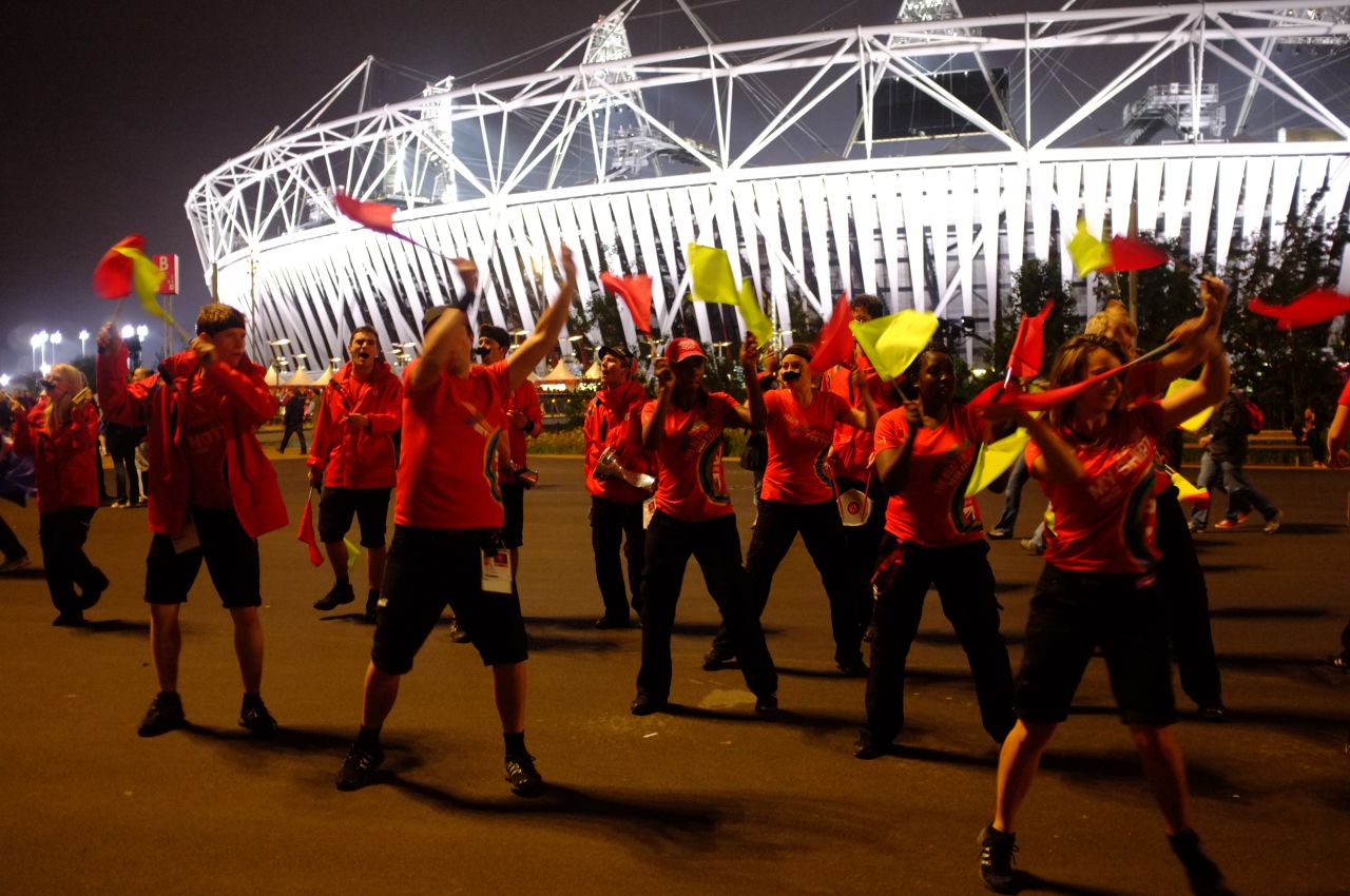 Once the evening's athletics had finished, crowds poured from the Olympic Stadium. Dancers guided the crowds towards the exits and wished them a safe journey home.