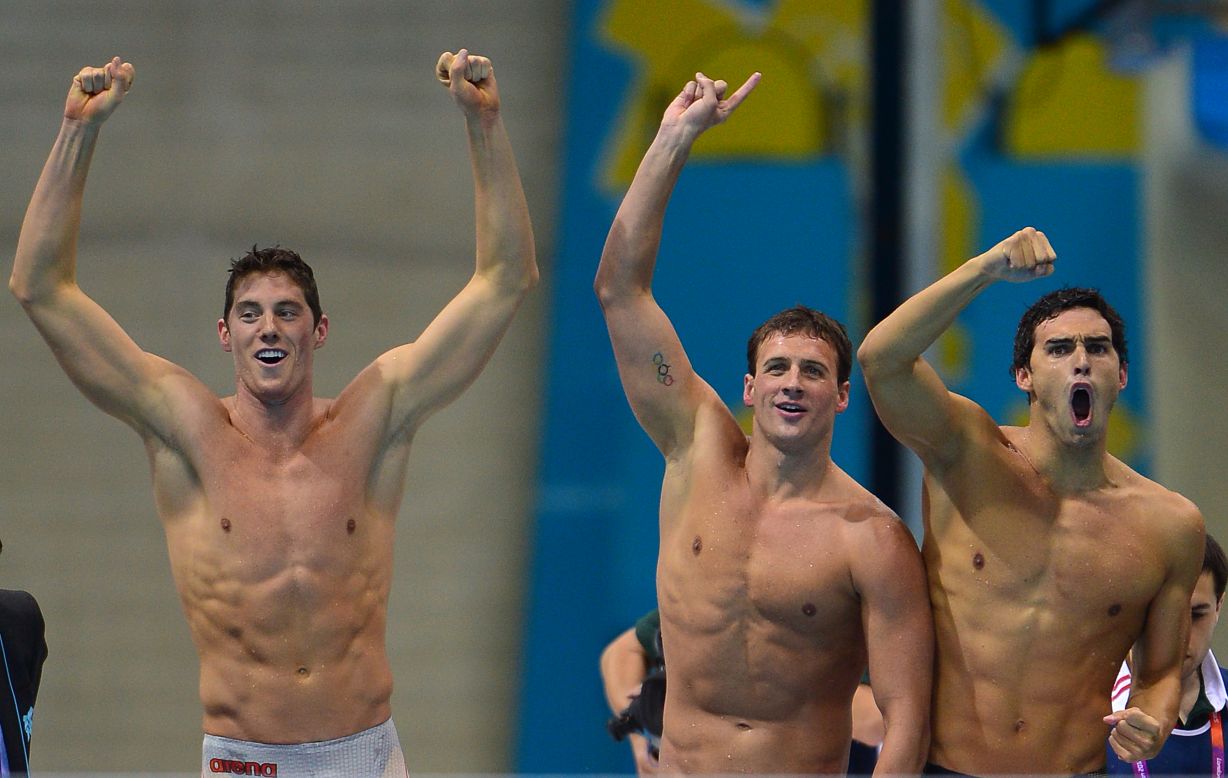 Ricky Berens' olympic moment was getting his gold with U.S. swimmers Ryan Lochte, Conor Dwyer and Michael Phelps for the 4 x 200-meter freestyle relay. Here Lochte, Dwyer and Berens react to their win.