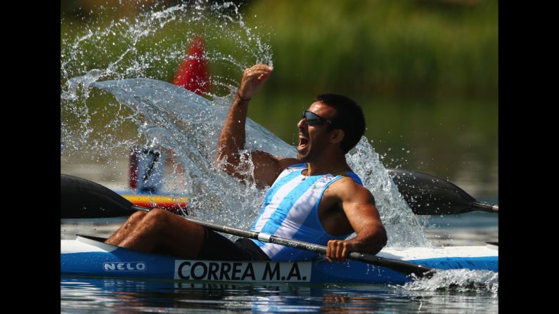 Argentina's Miguel Antonio Correa reacts during the men's kayak double 200-meter canoe sprint semifinals.