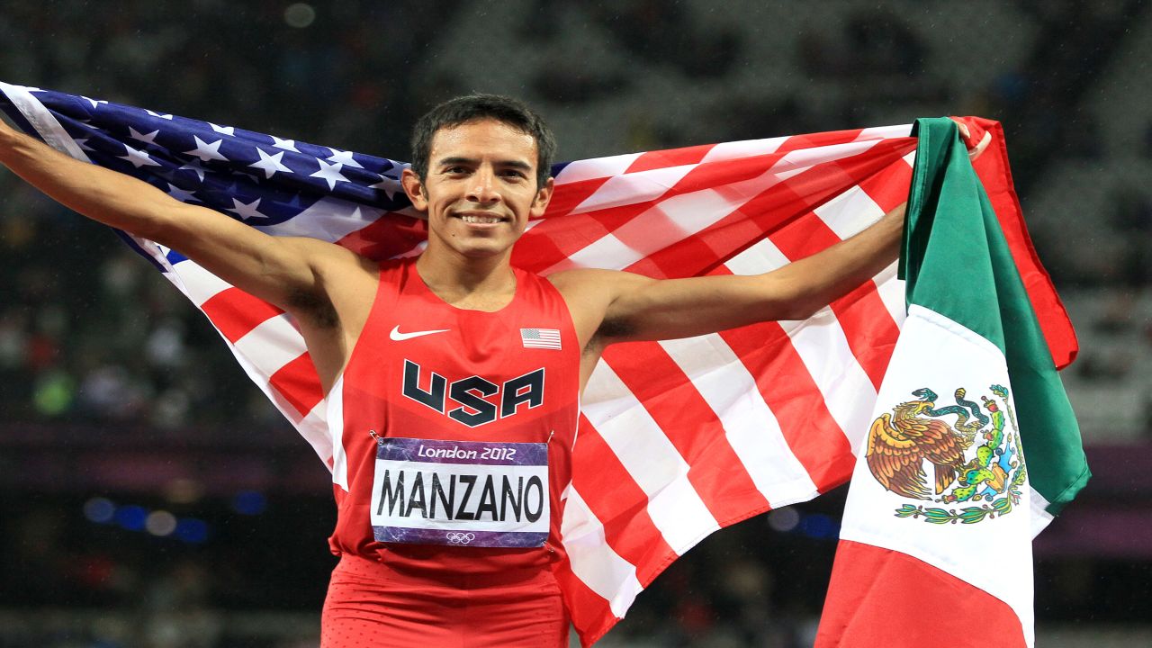 Leo Manzano waved the flag of the U.S. and Mexico after winning second place in the 1500-meters final.