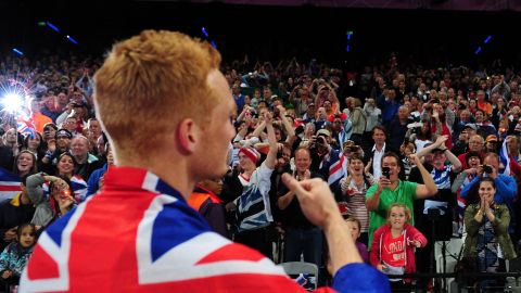 British fans react ecstatically to Greg Rutherford's long jump gold. The home crowd has been vocal in its support for Team GB.