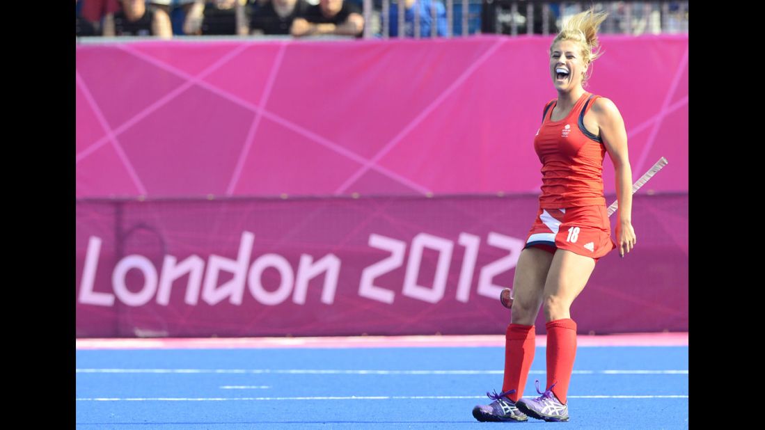 Britain's Georgie Twigg is jubilant after her team's second goal in the women's field hockey bronze medal match against New Zealand. Britain won 3-1.