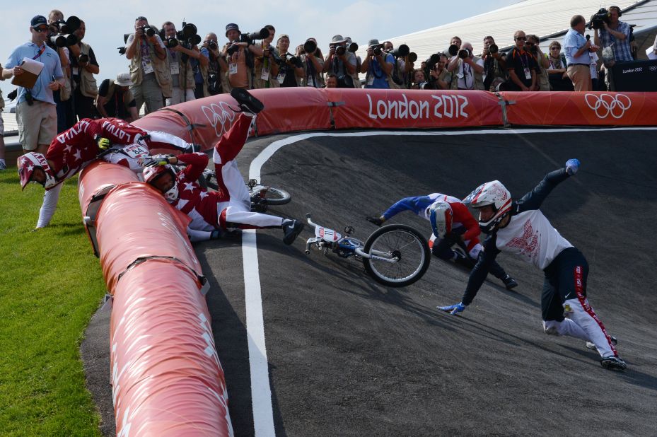 Cyclists crash during the BMX cycling men's semifinals.