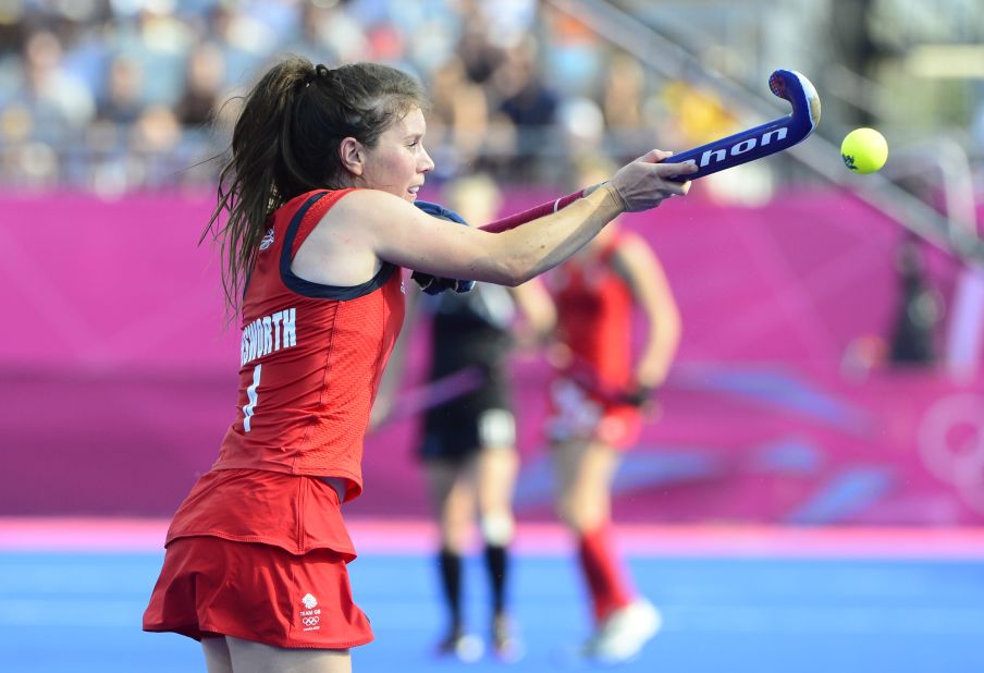 Britain's Laura Unsworth controls the ball during the women's field hockey bronze medal match against New Zealand.