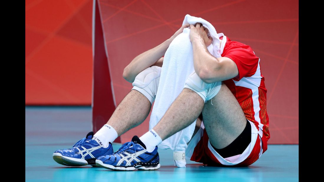No. 7 Todor Skrimov of Bulgaria reacts after losing to Russia in the men's volleyball semifinals.