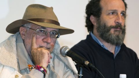 Mexican poet and social fighter Javier Sicilia, right, and Mexican actor Daniel Gimenez Cacho speak about the Caravan of Peace.