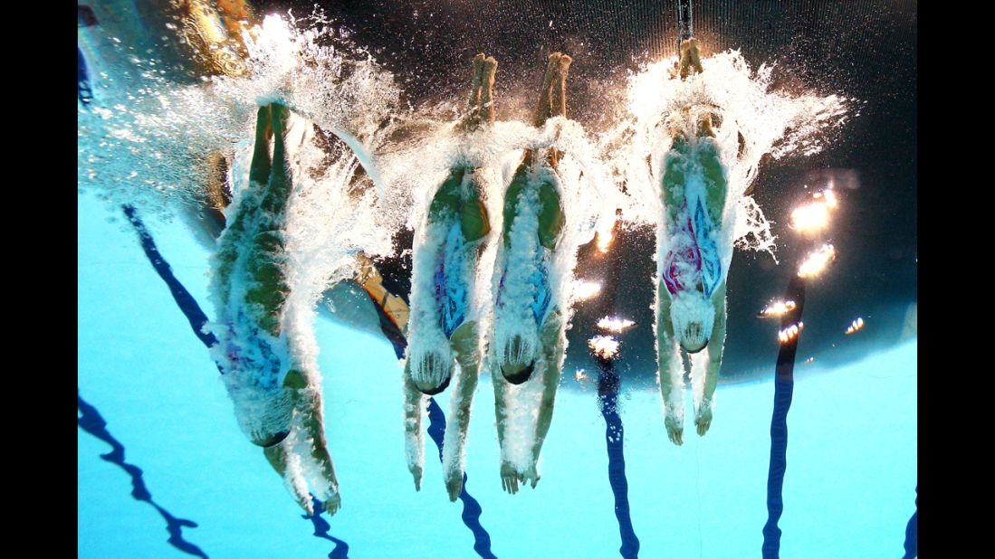 China competes in the women's team synchronized swimming free routine final.
