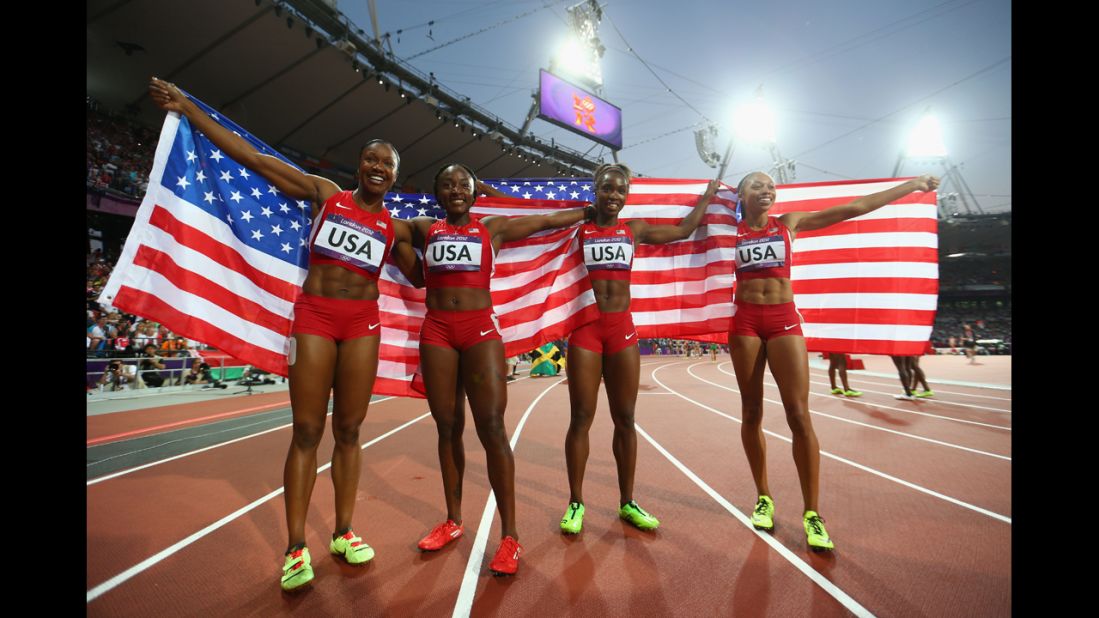 The U.S. women's 4x100-meter relay team -- from left, Carmelita Jeter, Bianca Knight, Tianna Madison and Allyson Felix -- set a new world record in the final.