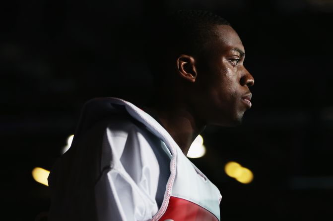 Great Britain's Lutalo Muhammad prepares to compete in the men's under 80-kilogram taekwondo preliminary round.