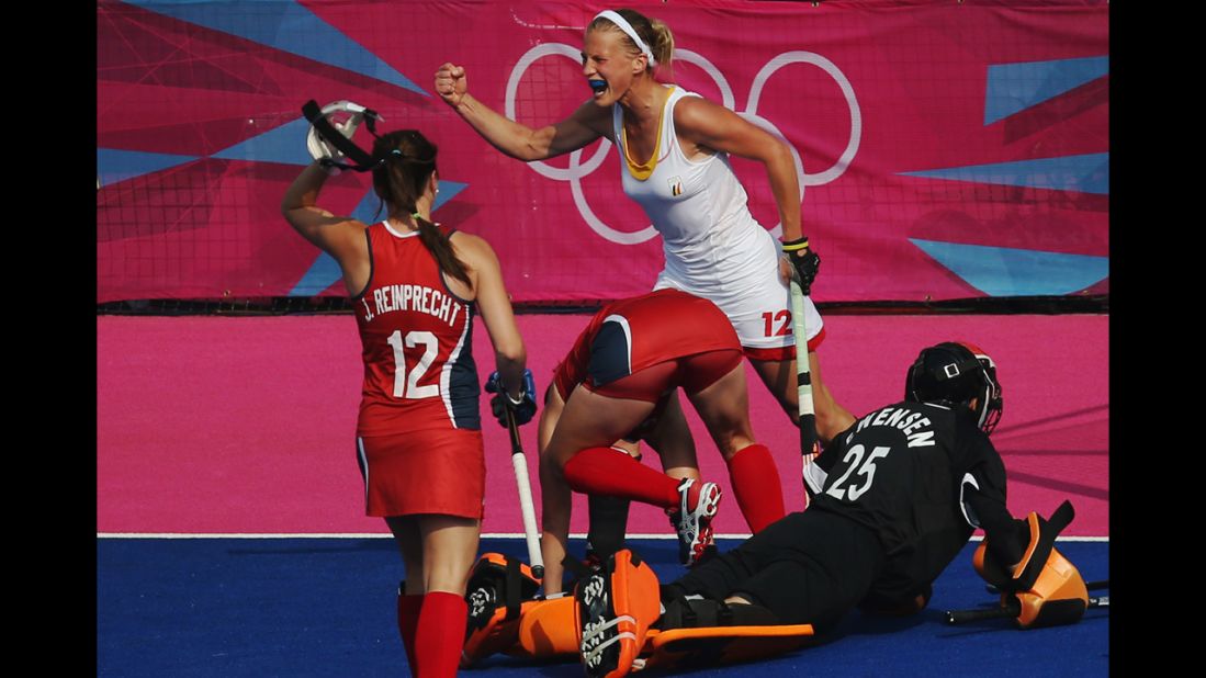 Belgium's Gaelle Valcke celebrates after scoring the match-winning goal against the United States during the women's field hockey classification match. Belgium won 2-1.