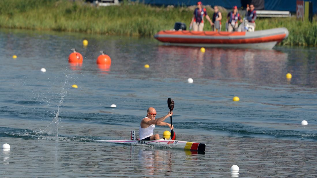Germany's Ronald Rauhe competes in the kayak single 200-meter men's heats.