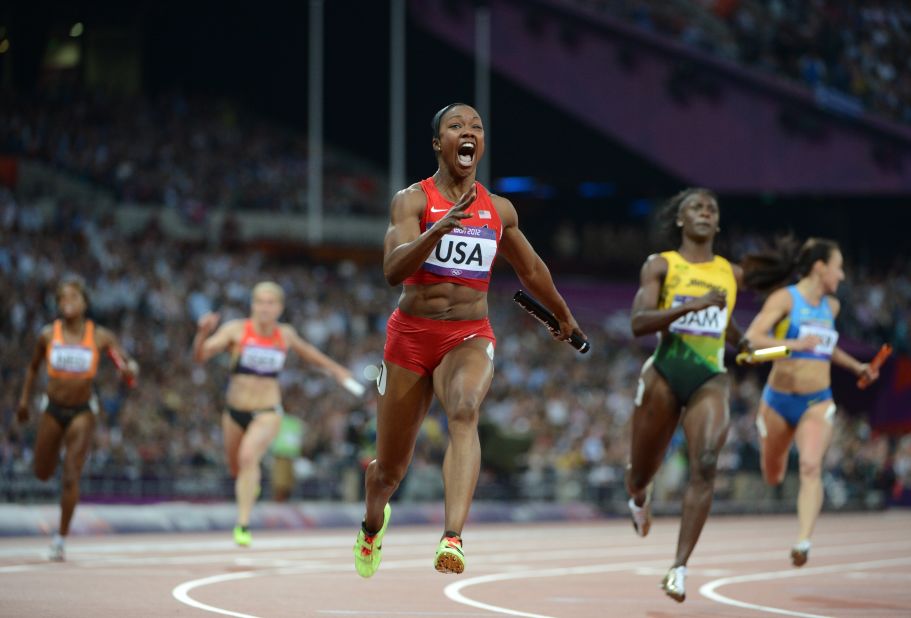 Carmelita Jeter of the United States wins the women's 4 x 100-meter relay final.