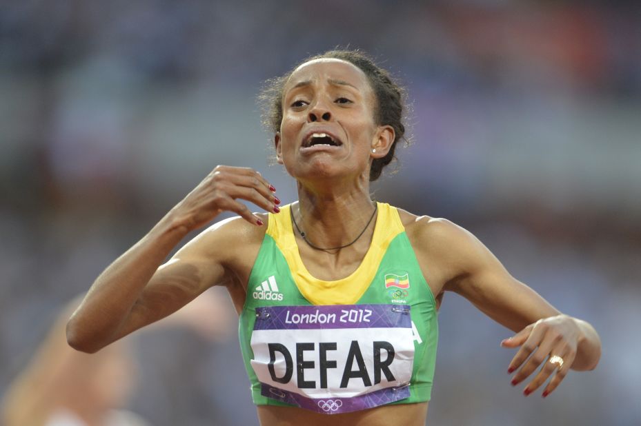 Ethiopia's Meseret Defar reacts after winning the women's 5000-meter final.