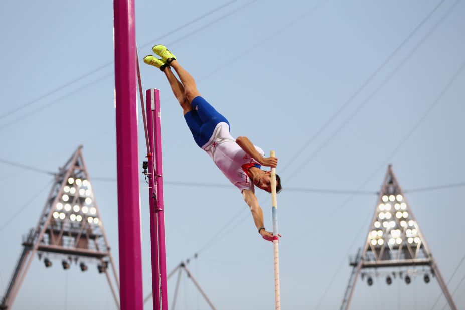 Renaud Lavillenie of France competes during the men's pole vault final.