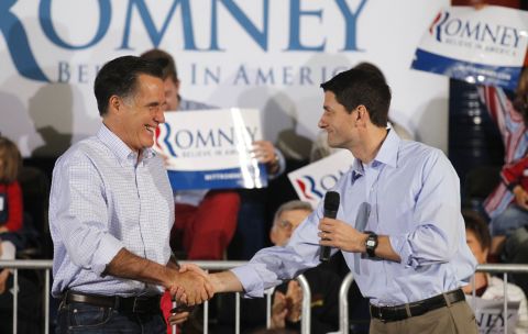 Ryan introduces Romney at a town hall meeting in Milwaukee, Wisconsin, on April 2, 2012.