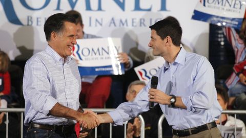Ryan introduces Romney at a town hall meeting in Milwaukee, Wisconsin, on April 2, 2012.