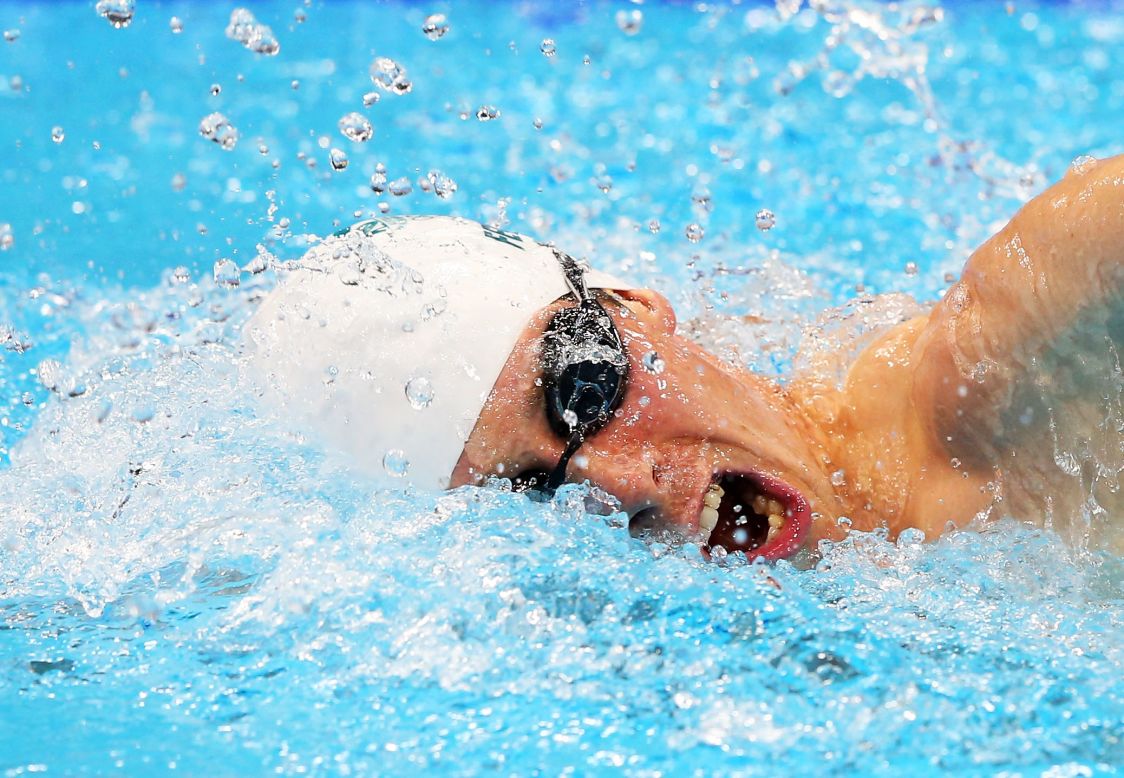 Australia's Ed Fernon competes in the 200-meter freestyle swimming event in the men's modern pentathlon.