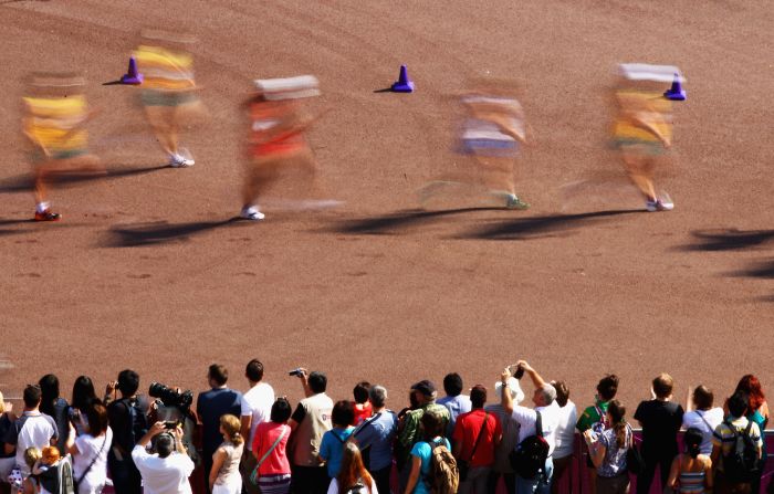 Walkers compete during the men's 50-kilometer walk.