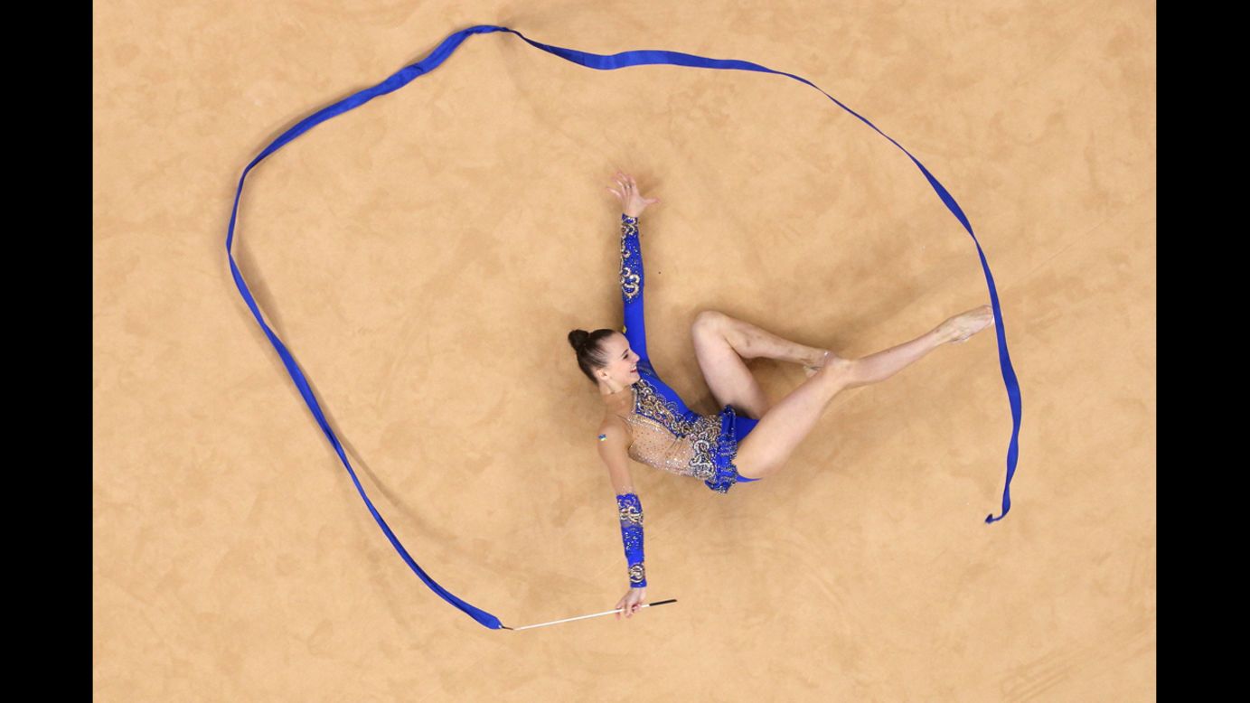 Ukraine's Ganna Rizatdinova competes during the Individual all-around rhythmic gymnastics final.