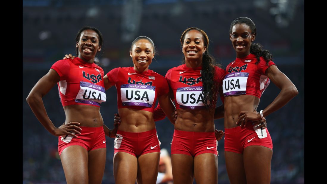 DeeDee Trotter, Allyson Felix, Sanya Richards-Ross and Francena McCorory, from left to right, are all smiles after winning gold in the women's 4x400-meter relay final.