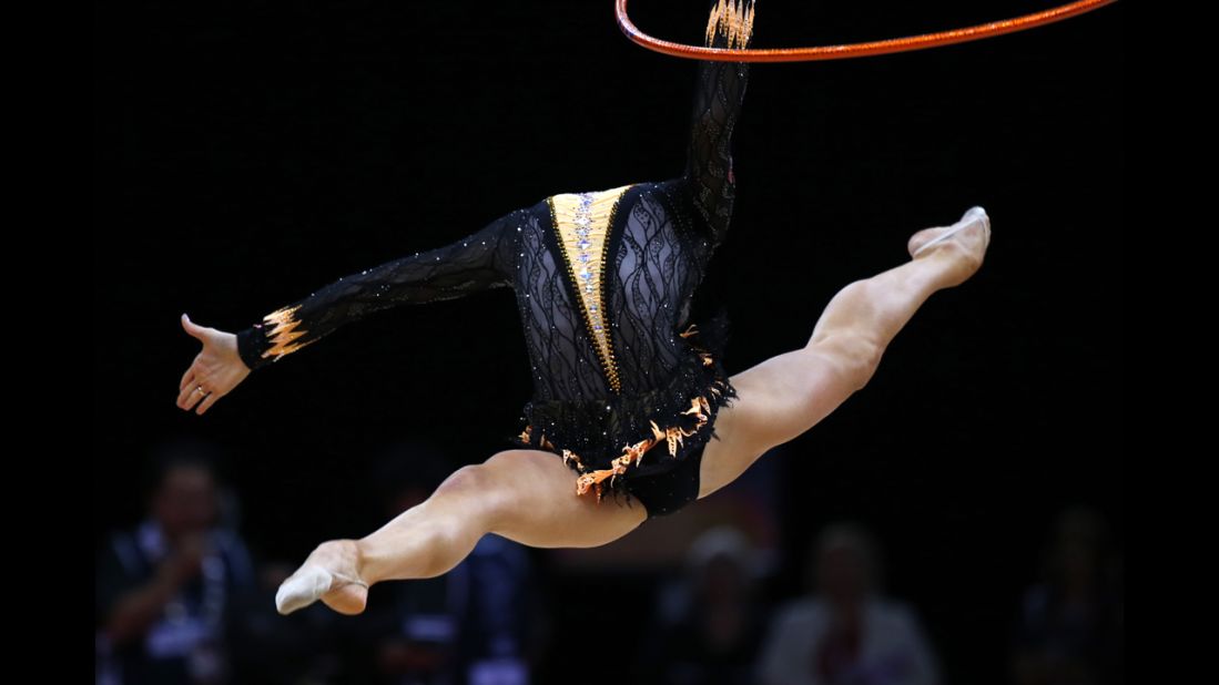 Belarus' Liubou Charkashyna adds an extra level of difficulty by performing her hoop routine without a head.