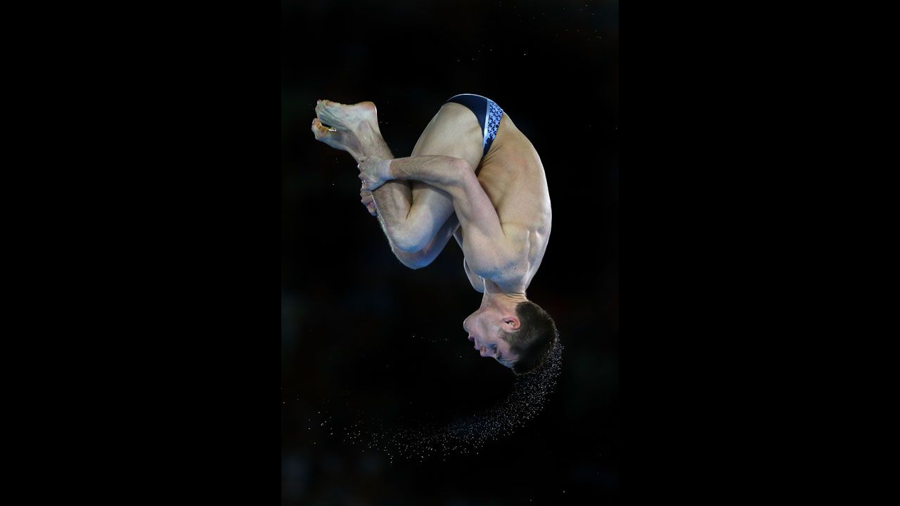 David Boudia performs in the men's 10-meter platform diving final.